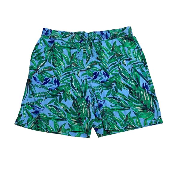 J. Jill Pants - J. Jill Pull-On Shorts Small Blue Green Tropical Leaf Print Pockets Rayon Tassel